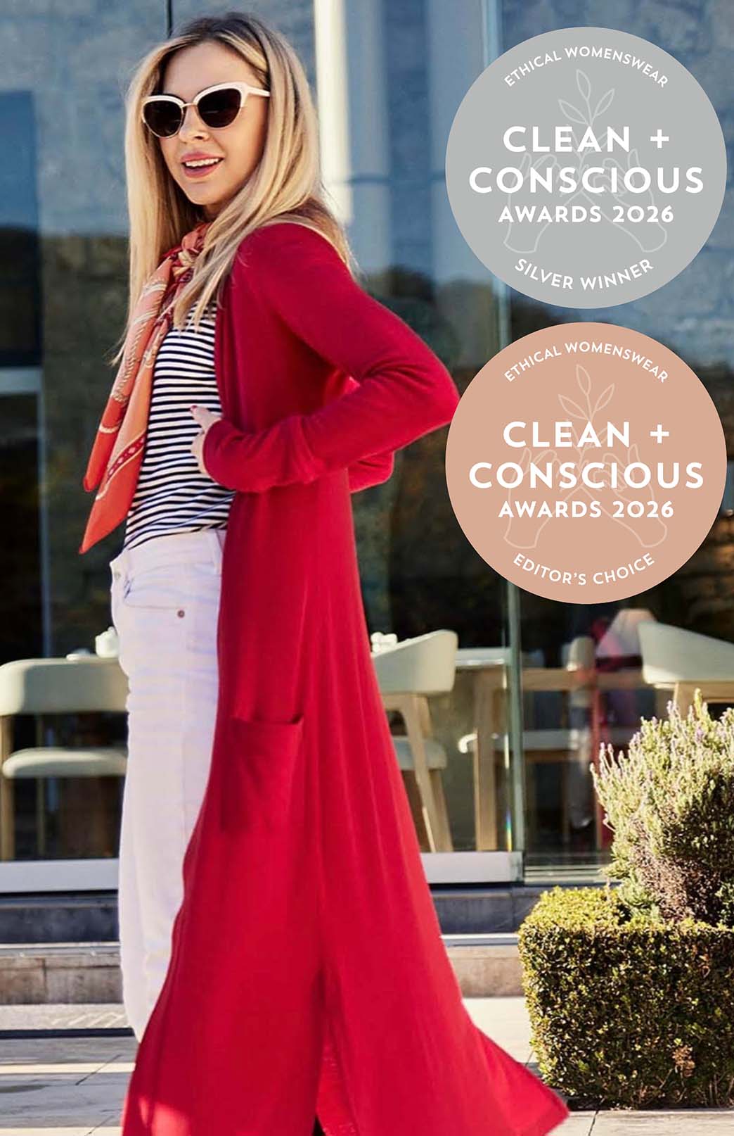 Chilli Red Women's Slimline Long Cardigan with side pockets
