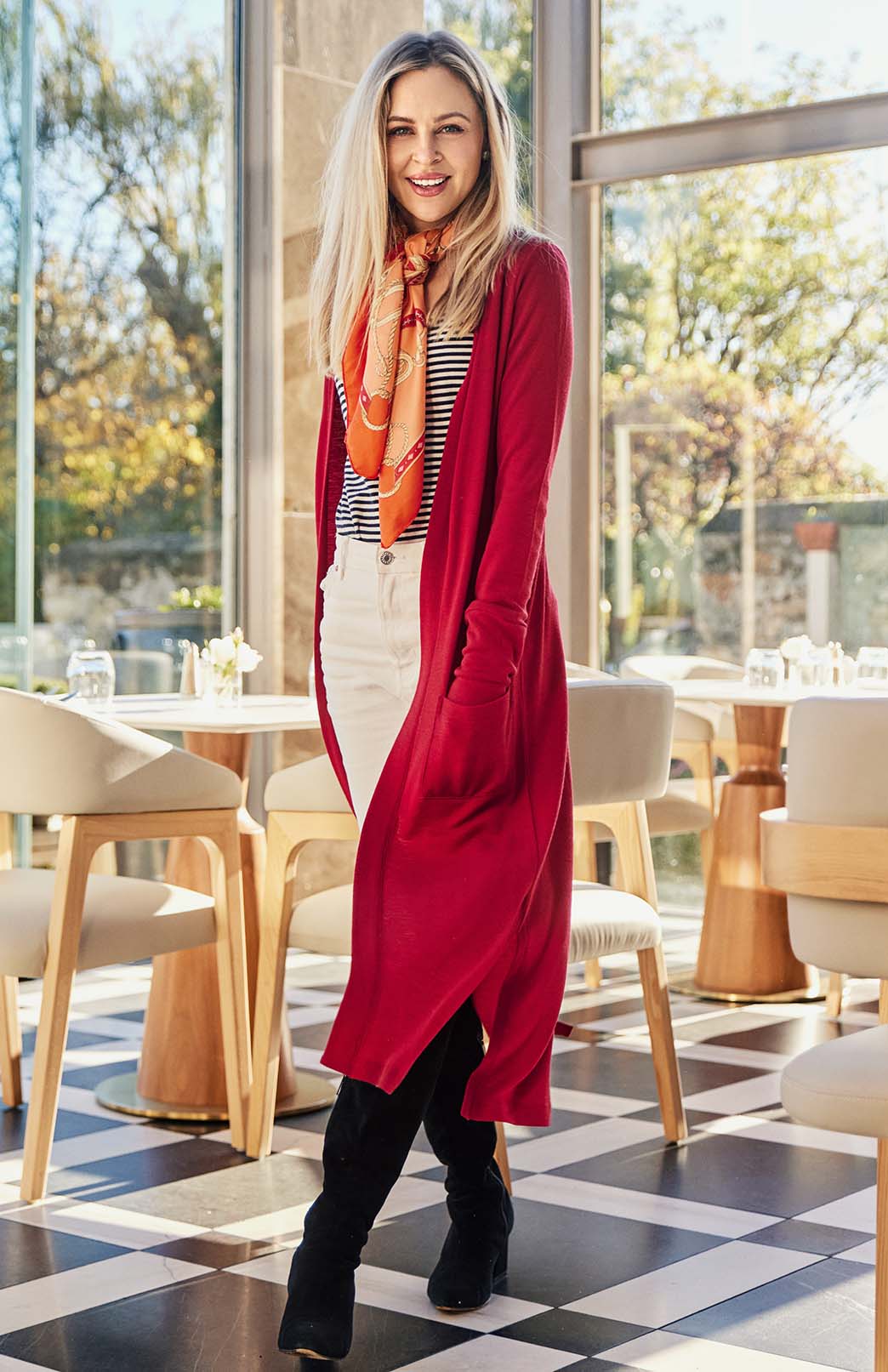 Chilli Red Women&#39;s Slimline Long Cardigan with side pockets
