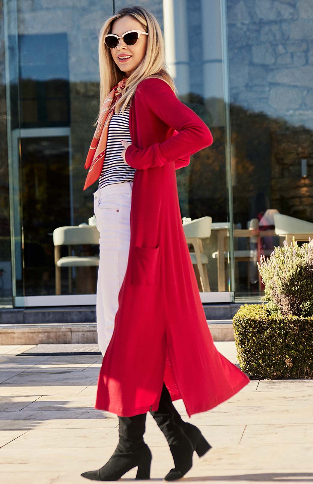 Chilli Red Women's Slimline Long Cardigan with side pockets