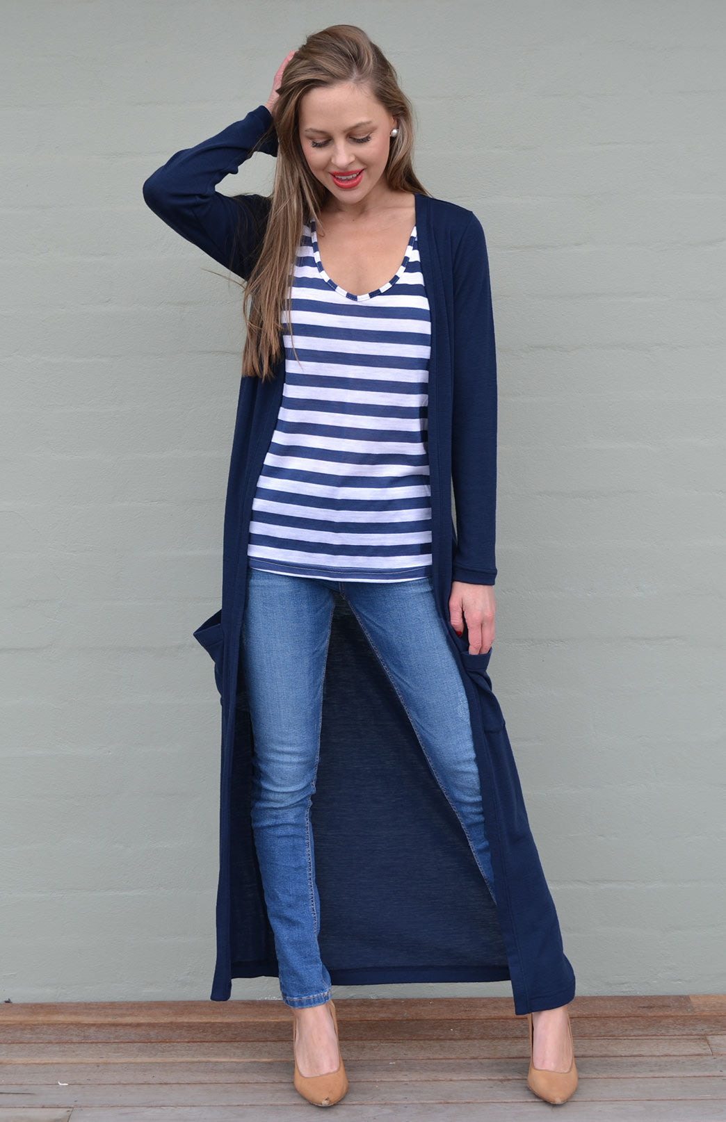 French Navy Blue Women's Slimline Long Cardigan with side pockets