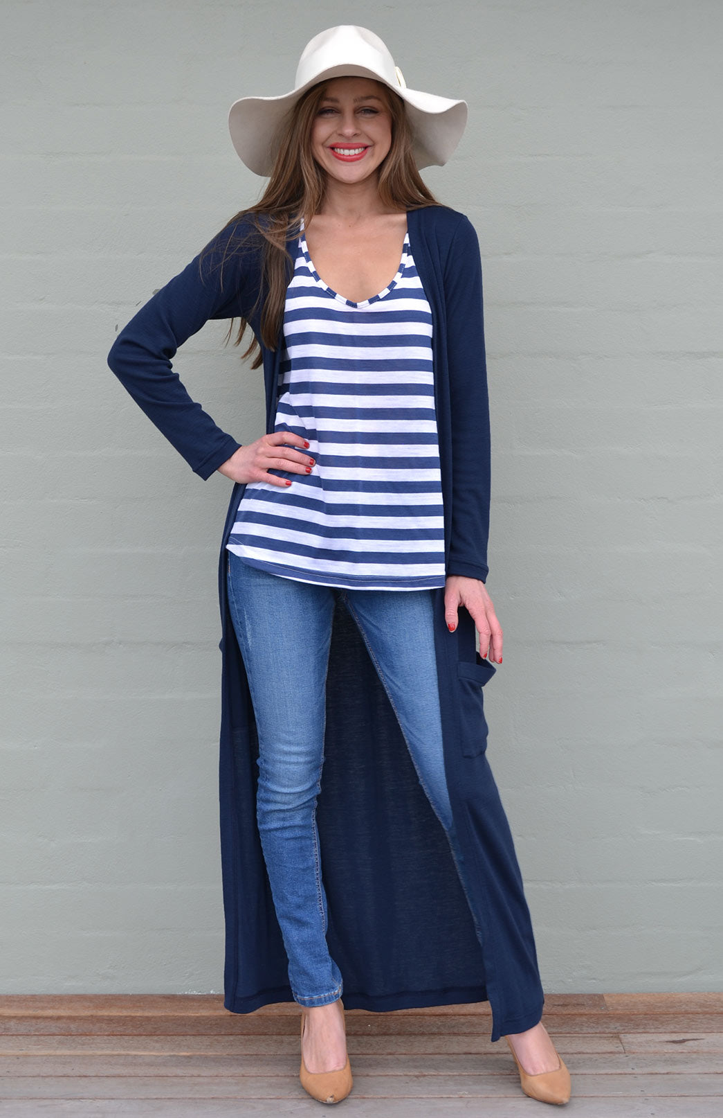 French Navy Blue Women's Slimline Long Cardigan with side pockets