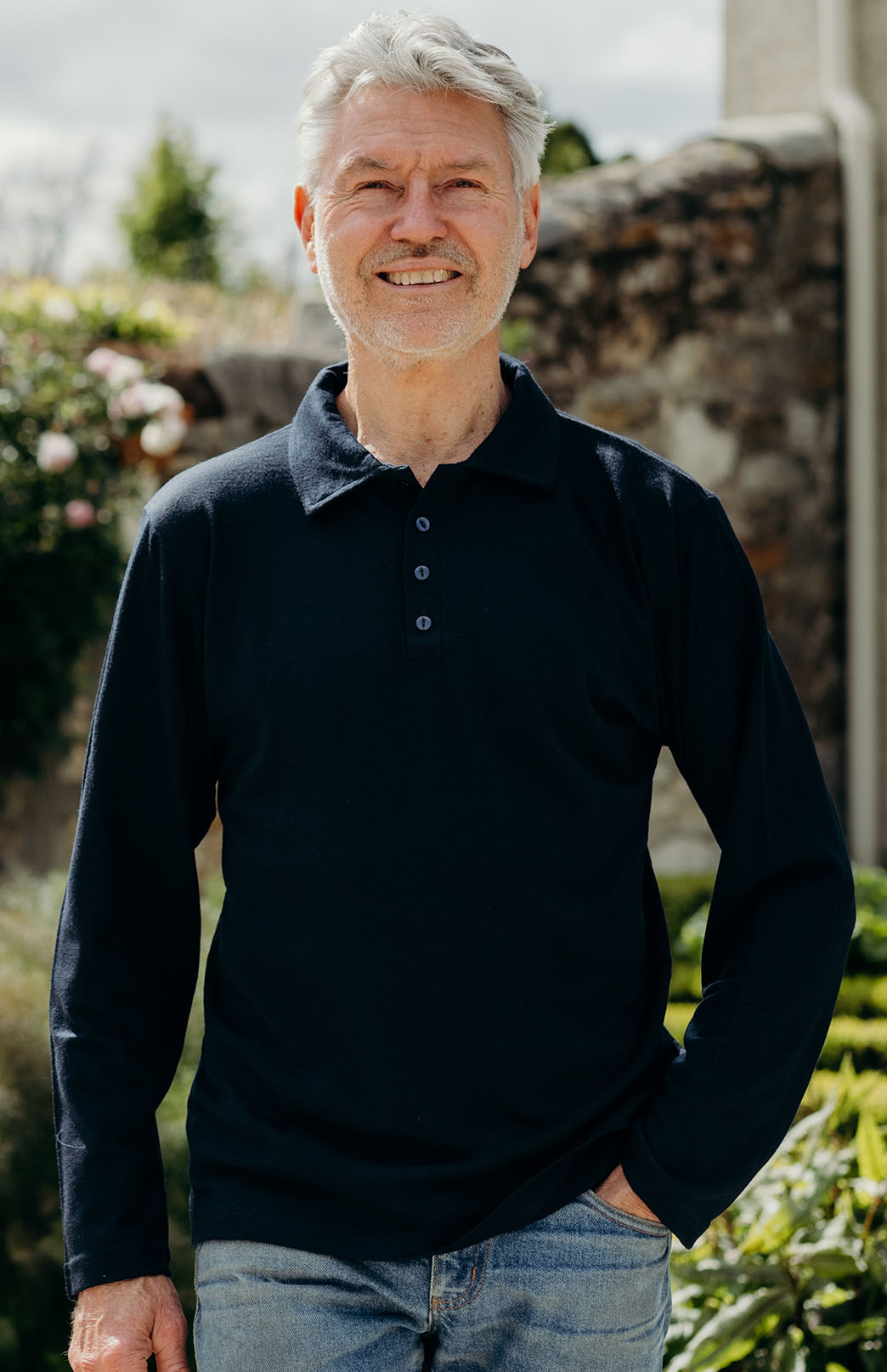 Navy Blue Men's Merino Wool Long Sleeve Golf Tee