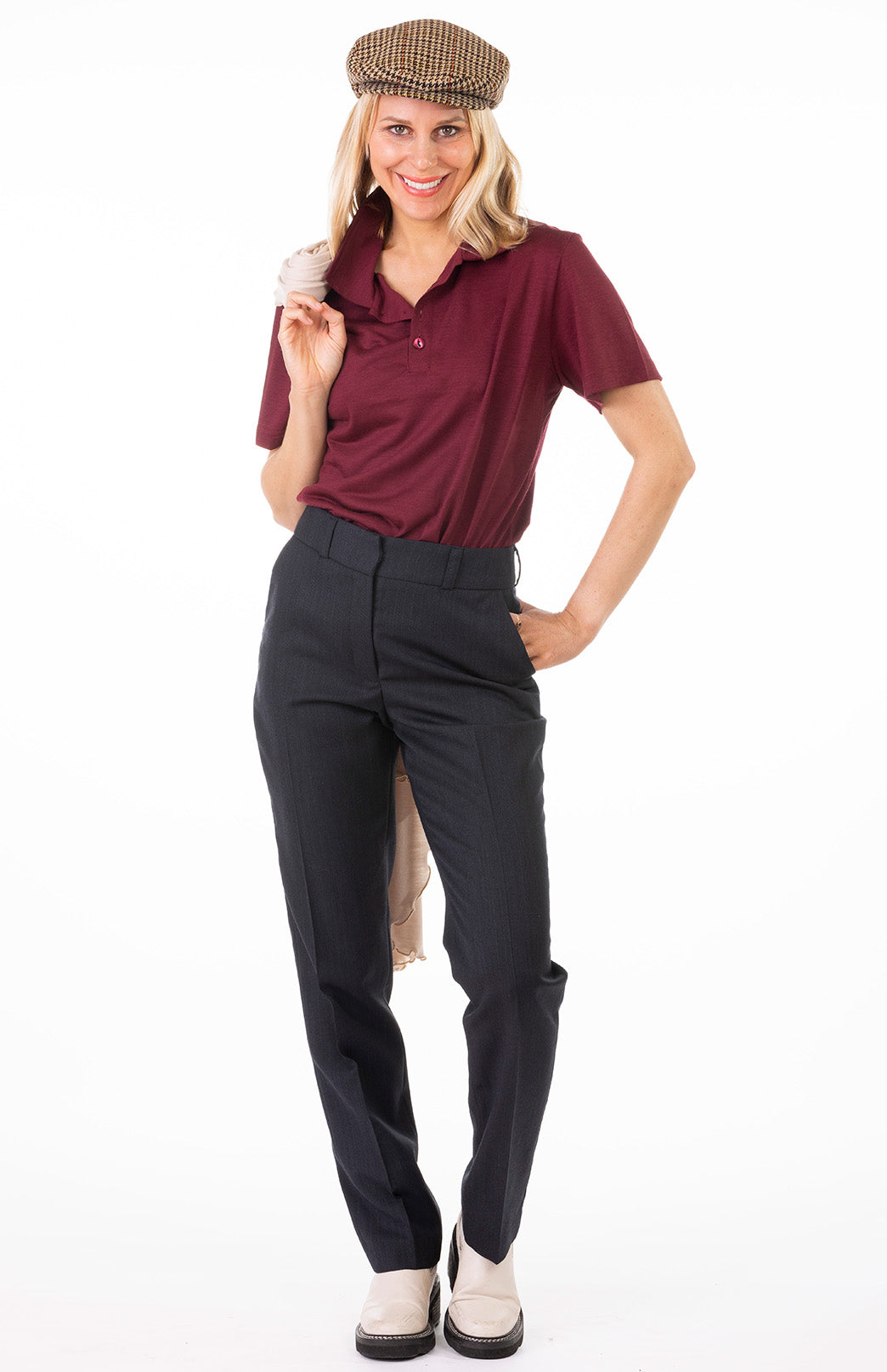 Obsidian Grey Herringbone Women's Superfine Merino Wool Herringbone Straight Leg Pants 