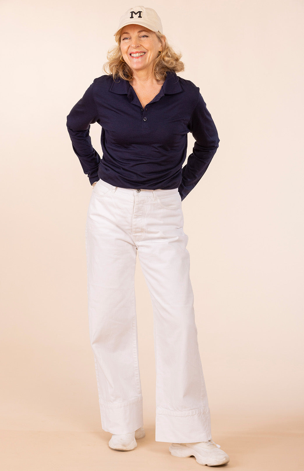 Navy Blue Women's Superfine Merino Wool Button Down Collared Long Sleeve Polo Golf Top