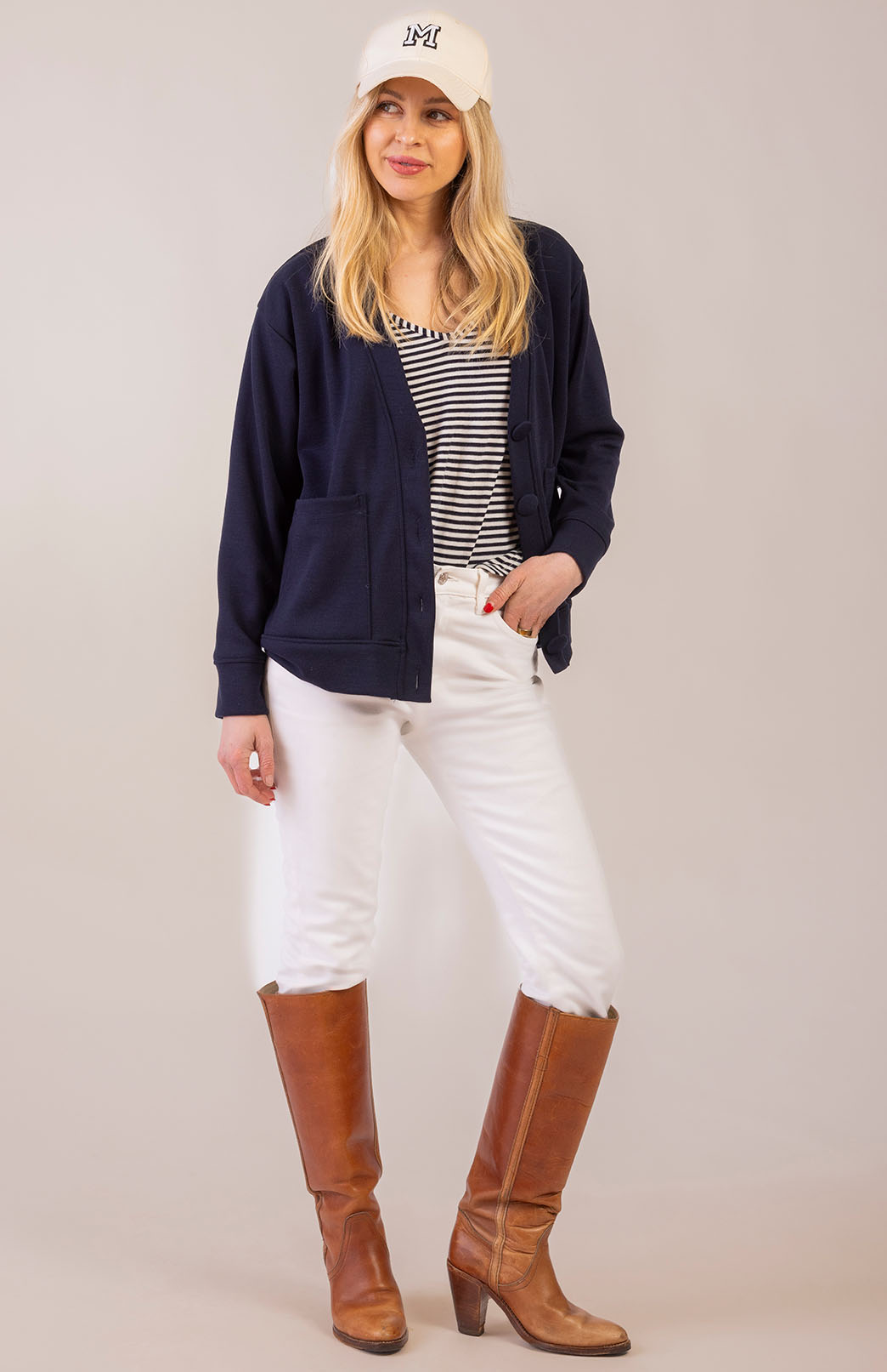 College Cardigan - Ponte Women's Merino Wool Ponte Relax Fit Cardigan with Buttons