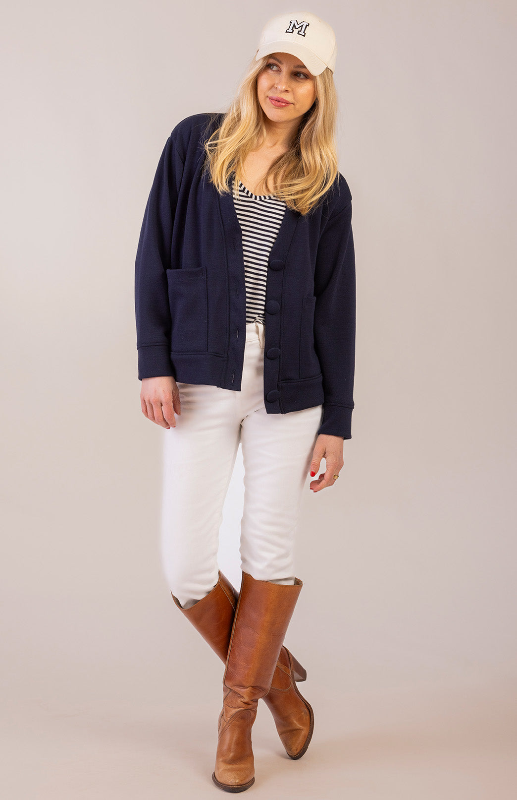 College Cardigan - Ponte Women's Merino Wool Ponte Relax Fit Cardigan with Buttons