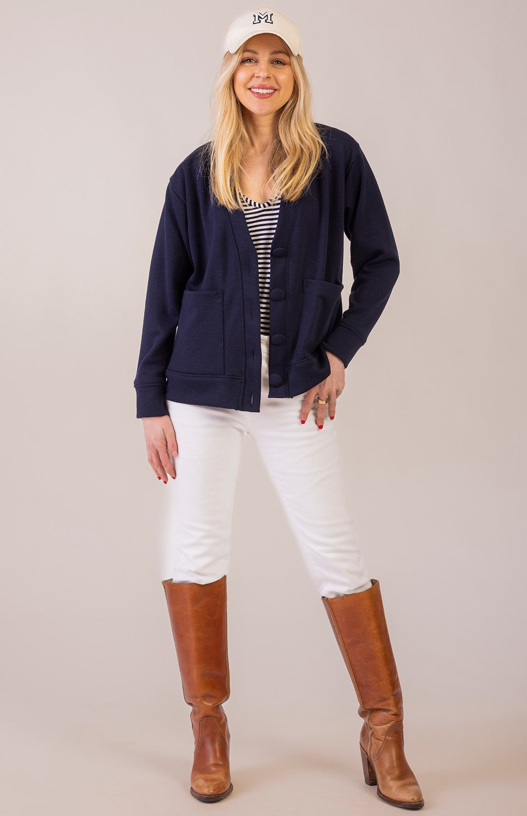 College Cardigan - Ponte Women's Merino Wool Ponte Relax Fit Cardigan with Buttons