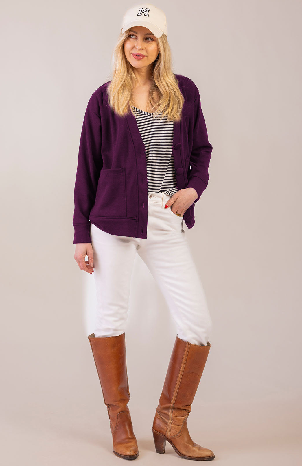 Aubergine Purple Women's Merino Wool Ponte Relax Fit Cardigan with Buttons