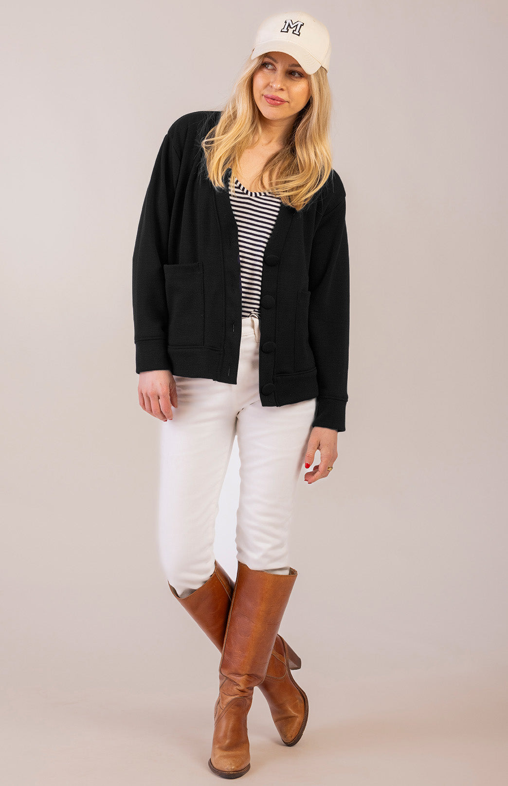 Black Women&#39;s Merino Wool Ponte Relax Fit Cardigan with Buttons
