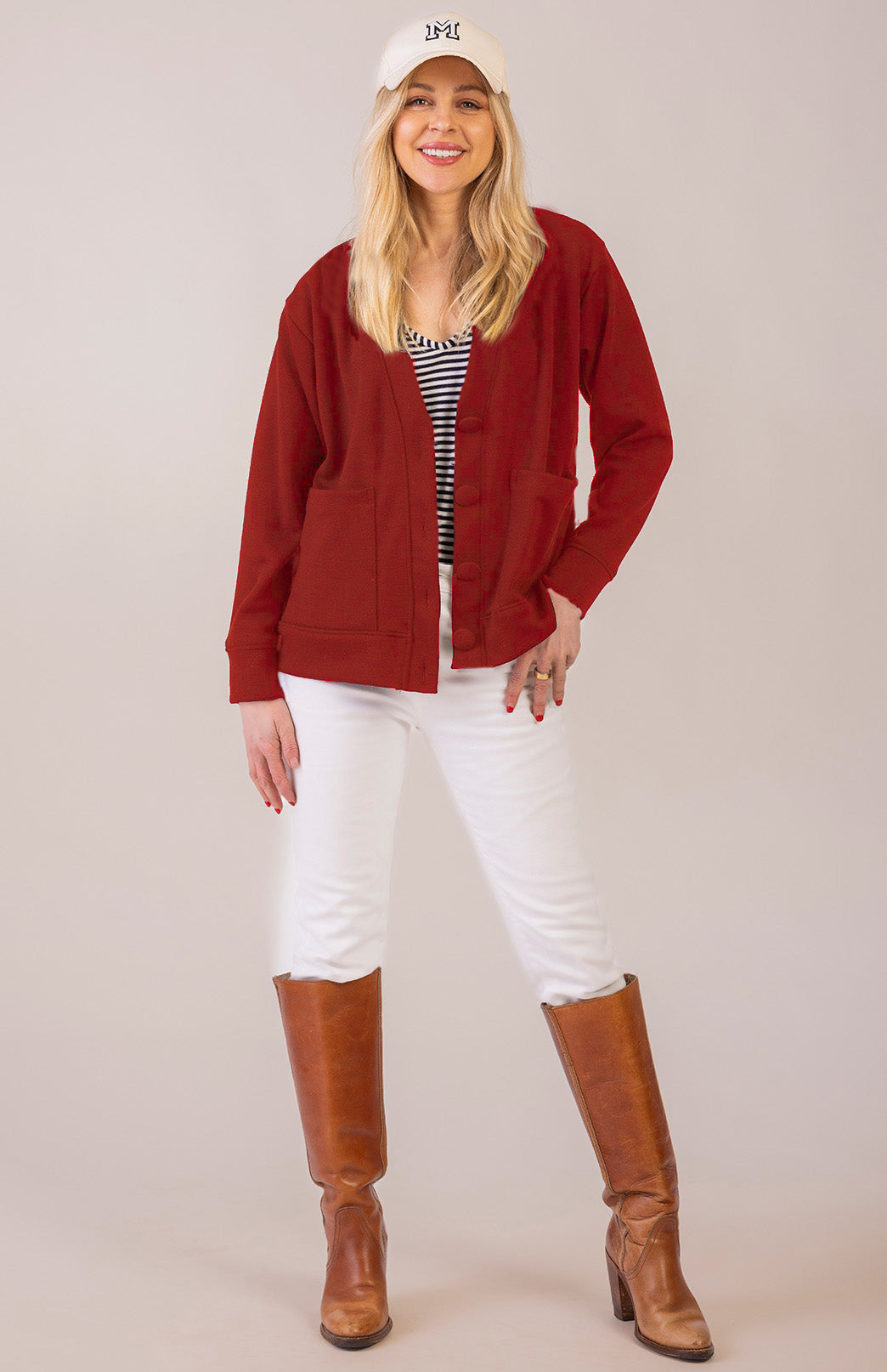 Chilli Red Women's Merino Wool Ponte Relax Fit Cardigan with Buttons