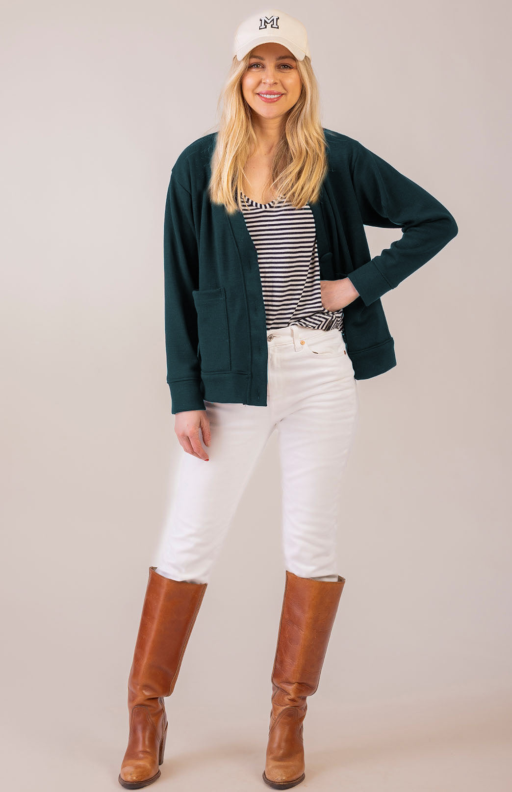 Deep Sea Green Women's Merino Wool Ponte Relax Fit Cardigan with Buttons