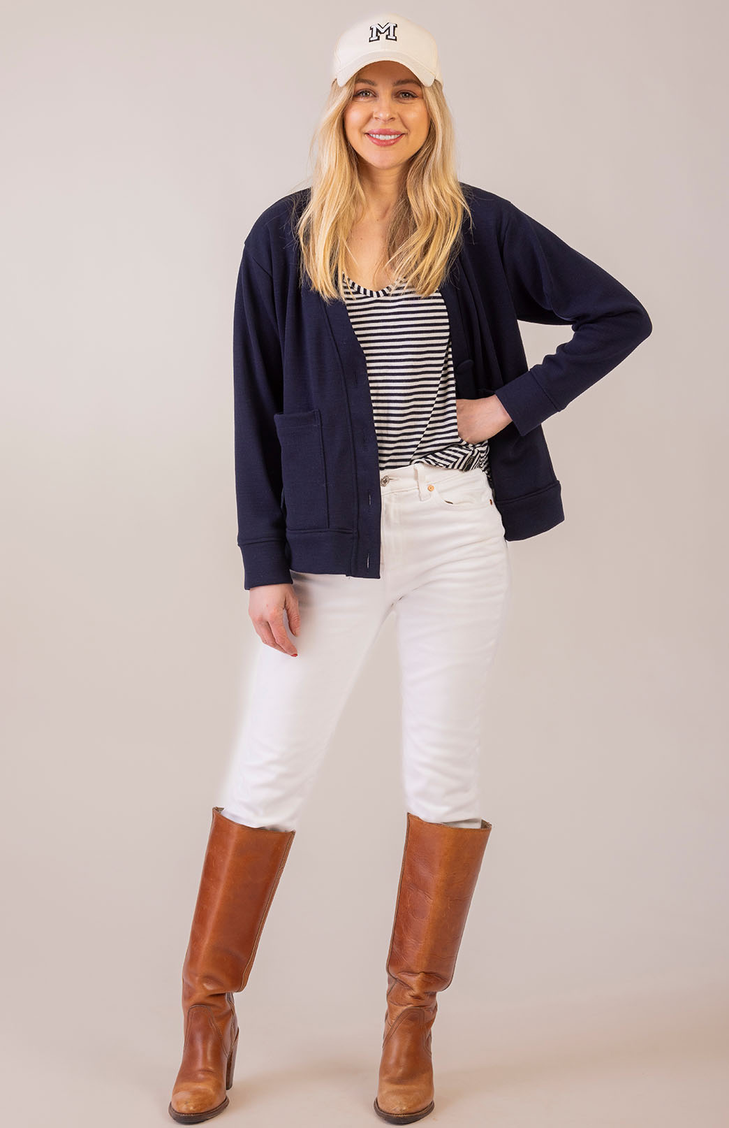 Navy & Ivory Stripe Women's Merino Wool Cap Sleeve T-Shirt
