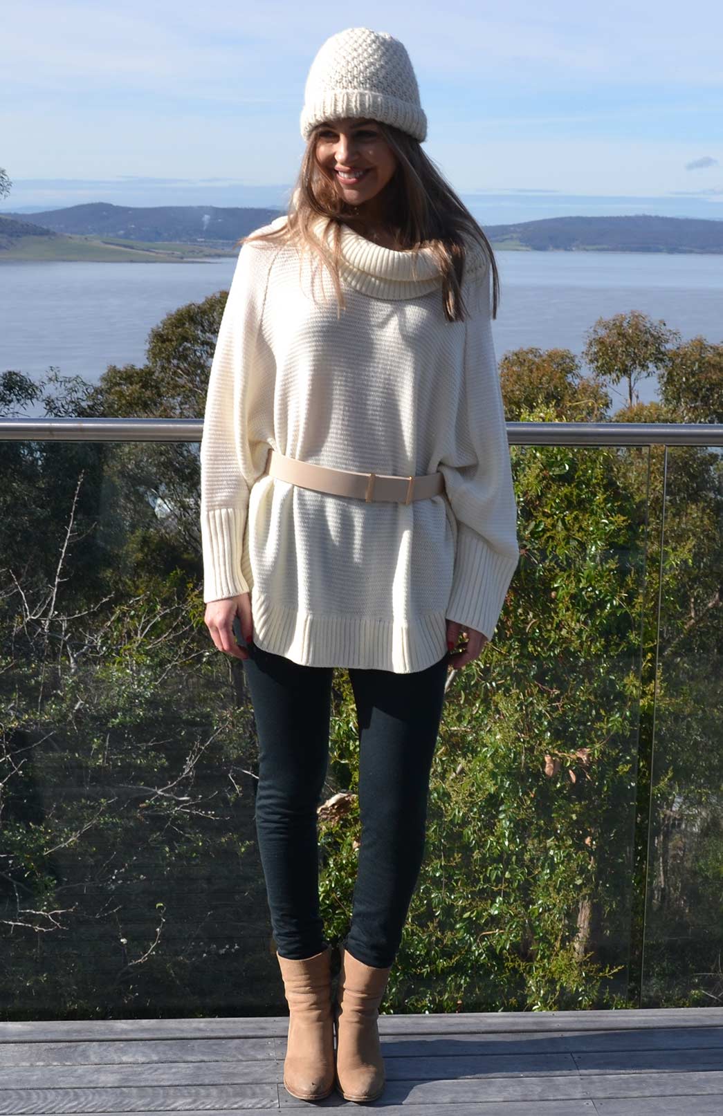 Ivory Women's Merino Wool Chunky Knit Poncho with Sleeves