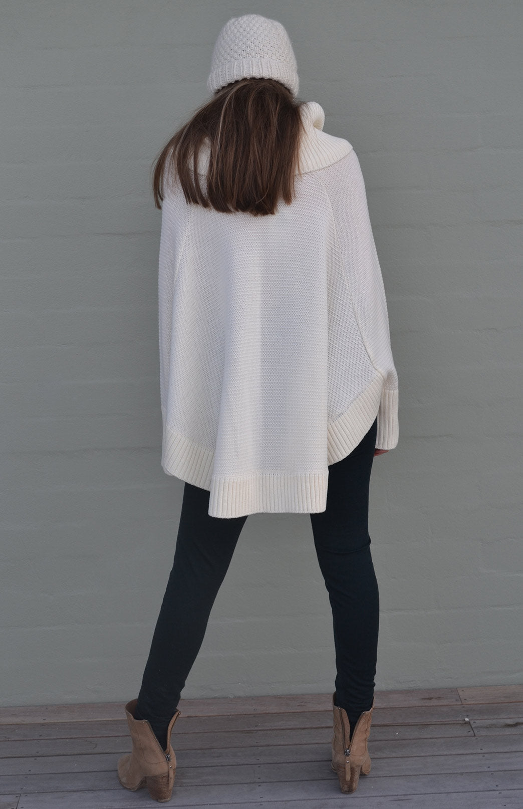 Ivory Women's Merino Wool Chunky Knit Poncho with Sleeves