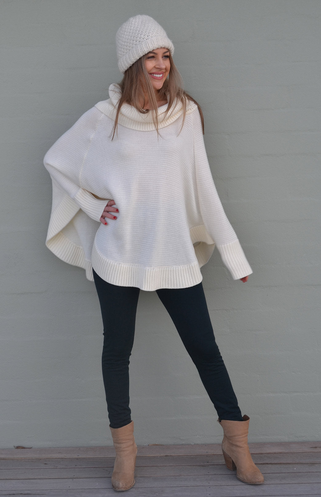 Ivory Women's Merino Wool Chunky Knit Poncho with Sleeves