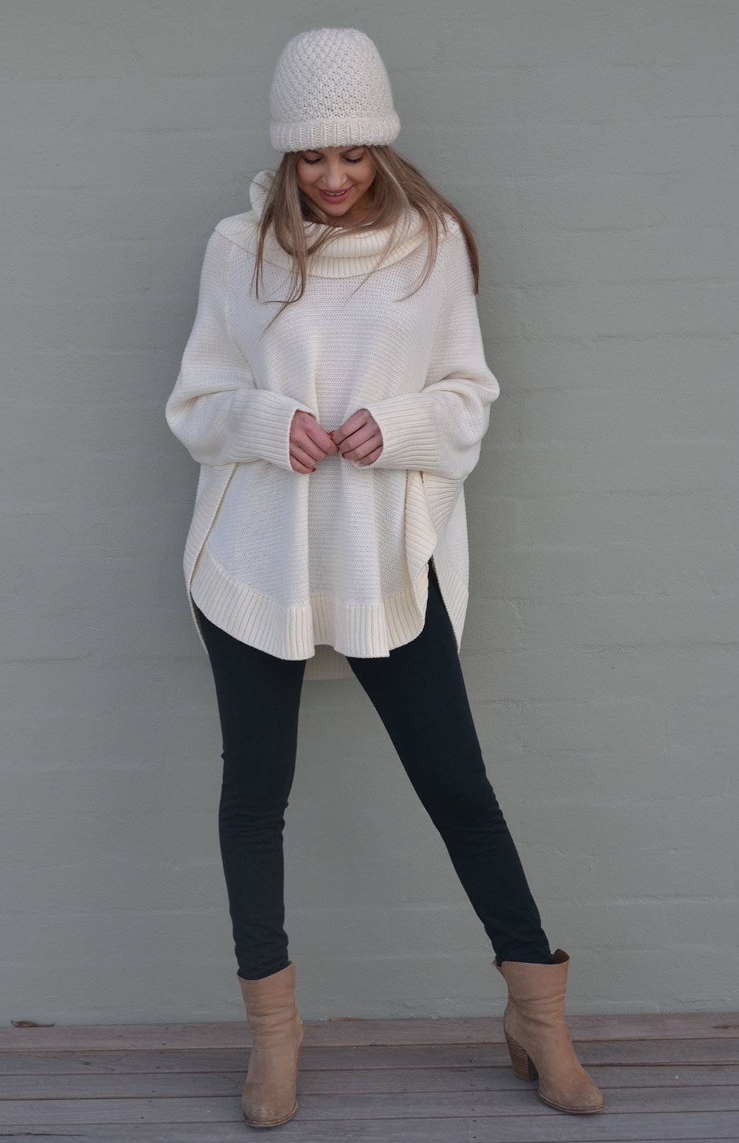 Ivory Women's Merino Wool Chunky Knit Poncho with Sleeves