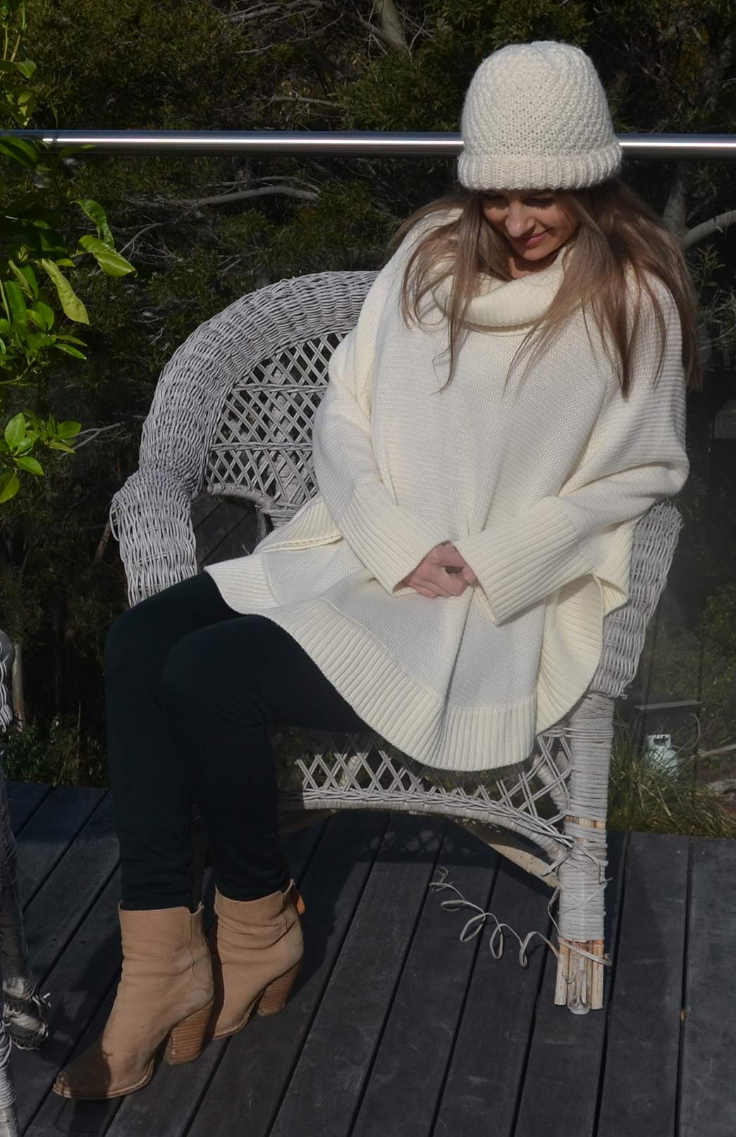 Ivory Women's Merino Wool Chunky Knit Poncho with Sleeves