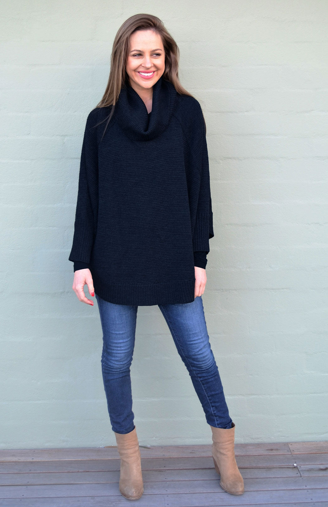 Navy Blue Women's Merino Wool Chunky Knit Poncho with Sleeves
