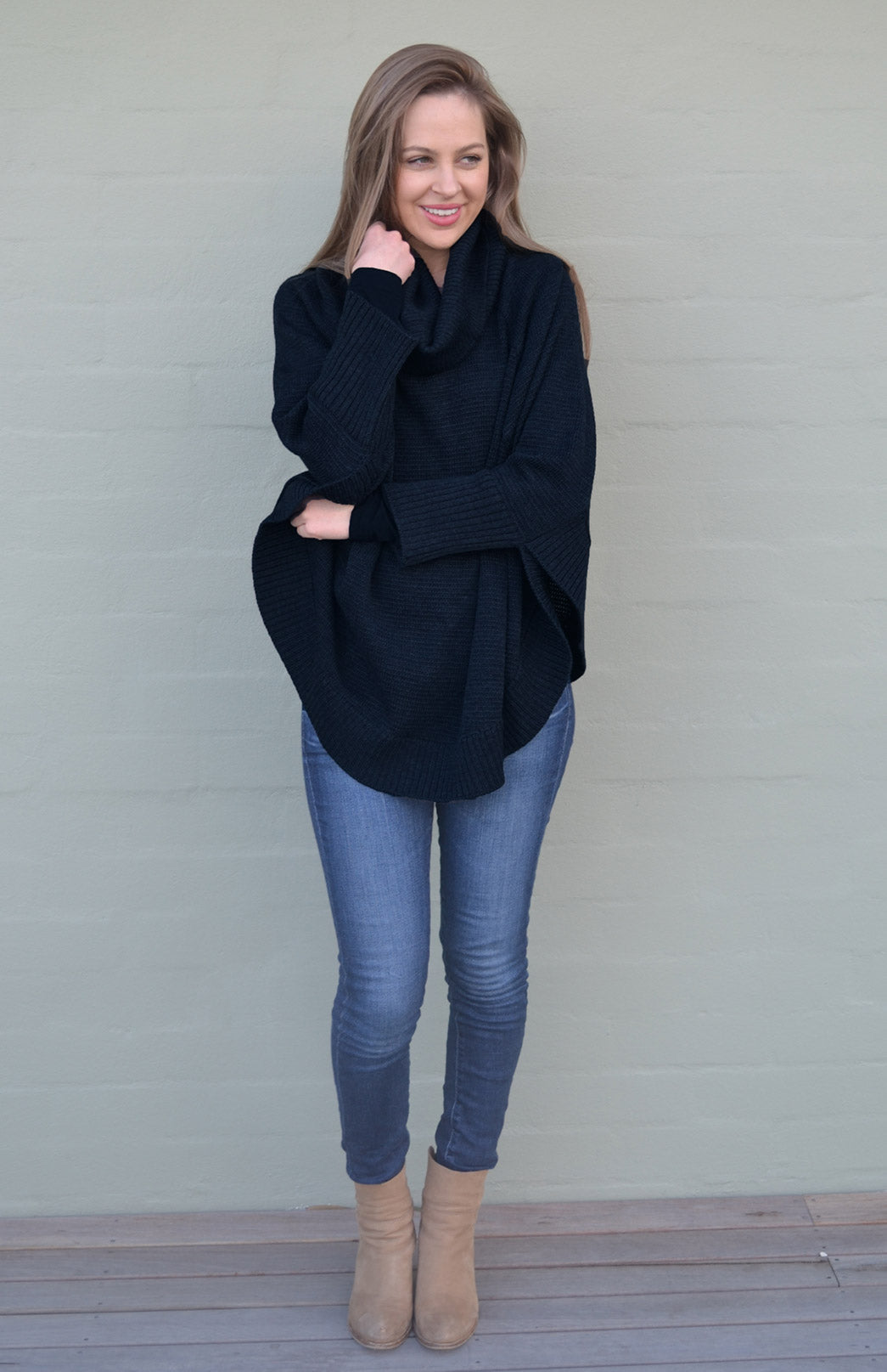 Navy Blue Women's Merino Wool Chunky Knit Poncho with Sleeves