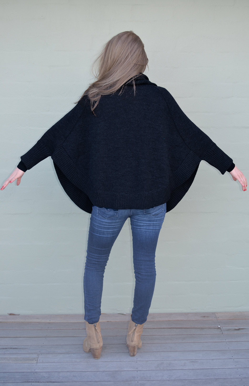 Navy Blue Women's Merino Wool Chunky Knit Poncho with Sleeves
