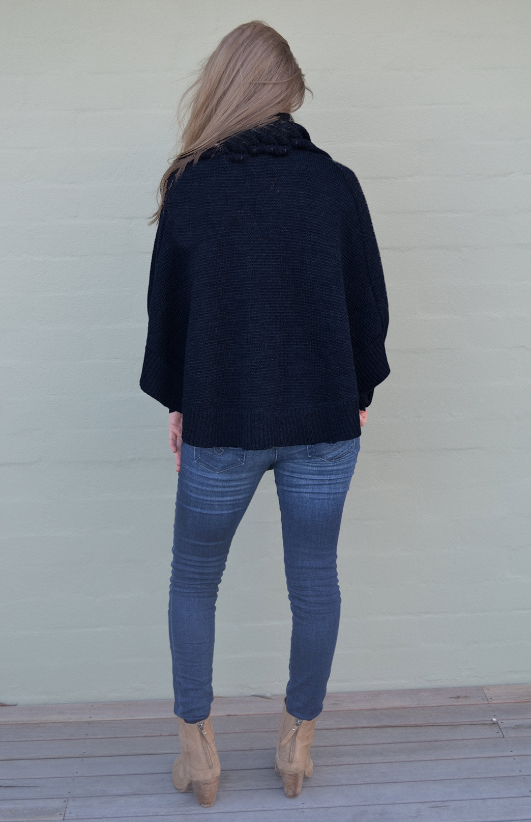 Navy Blue Women's Merino Wool Chunky Knit Poncho with Sleeves