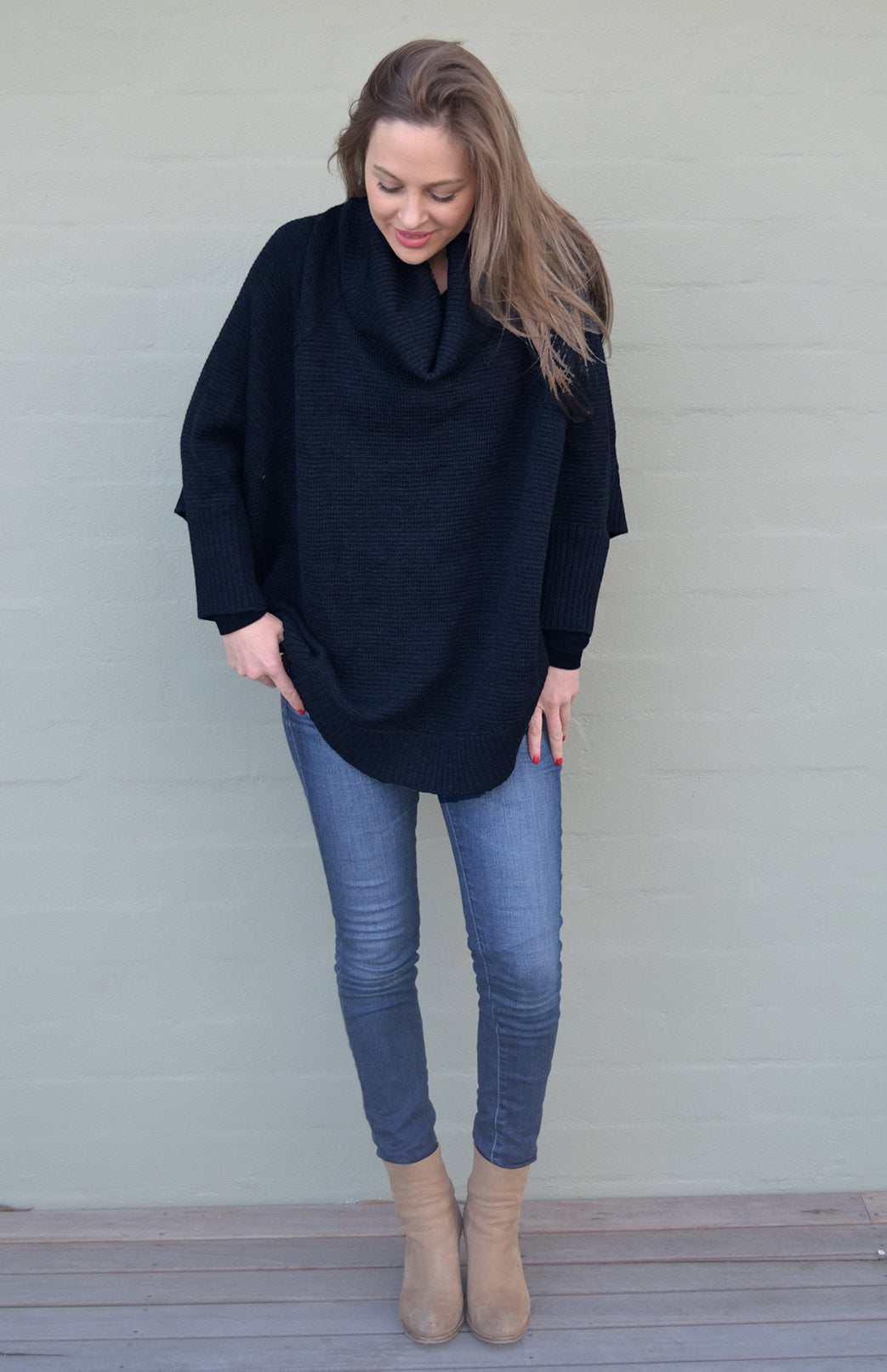 Navy Blue Women's Merino Wool Chunky Knit Poncho with Sleeves