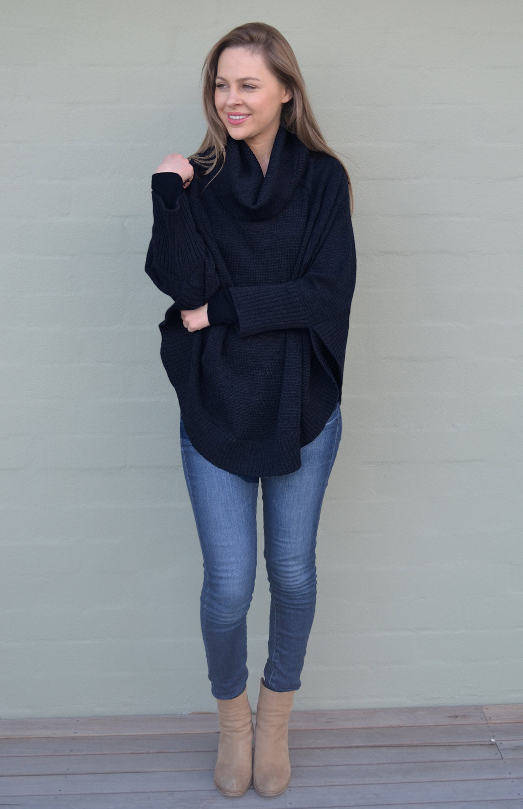 Navy Blue Women's Merino Wool Chunky Knit Poncho with Sleeves