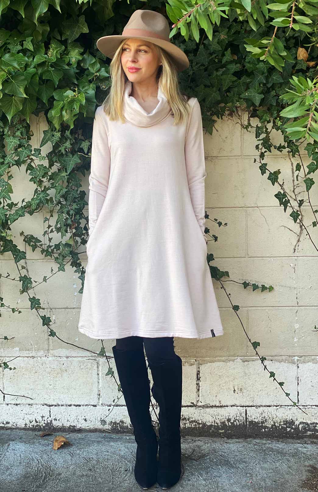 Deep Sea Green Women&#39;s Merino Wool Blend Cowl Neck Fleece Swing Dress with Pockets
