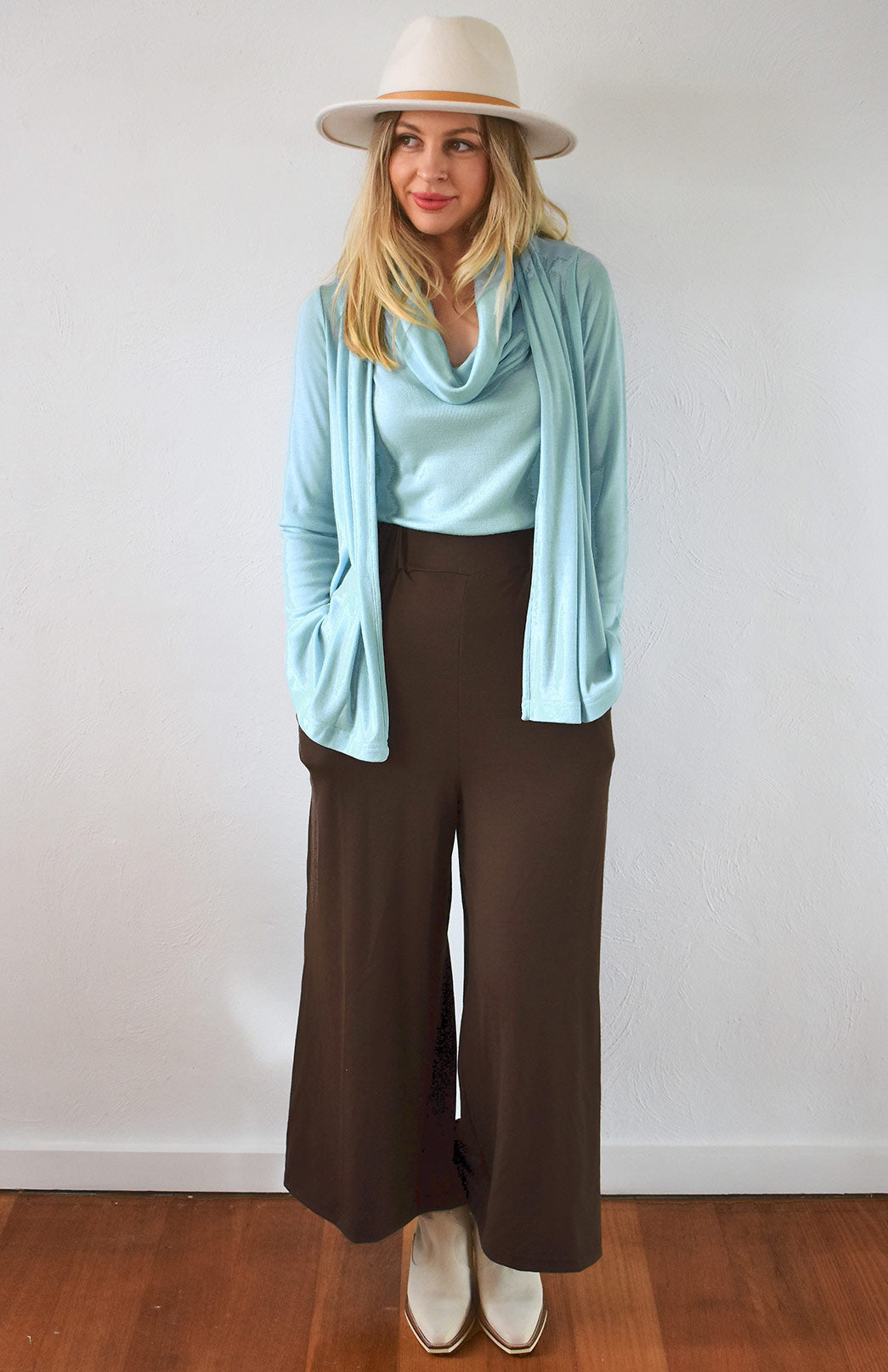 Chocolate Women&#39;s Merino Wool Wide Leg Pants with Elastic Waist &amp;amp; Pockets
