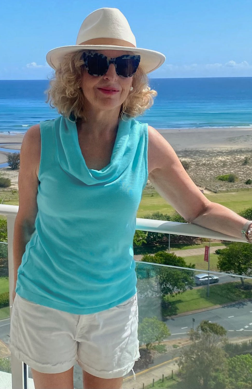 Turquoise Women's Merino Wool Sleeveless Top with Cowl Neckline