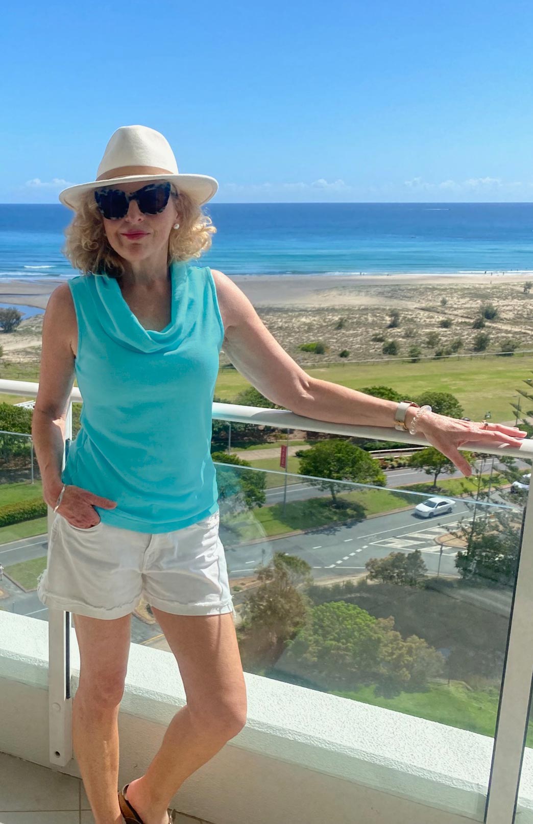 Turquoise Women's Merino Wool Sleeveless Top with Cowl Neckline