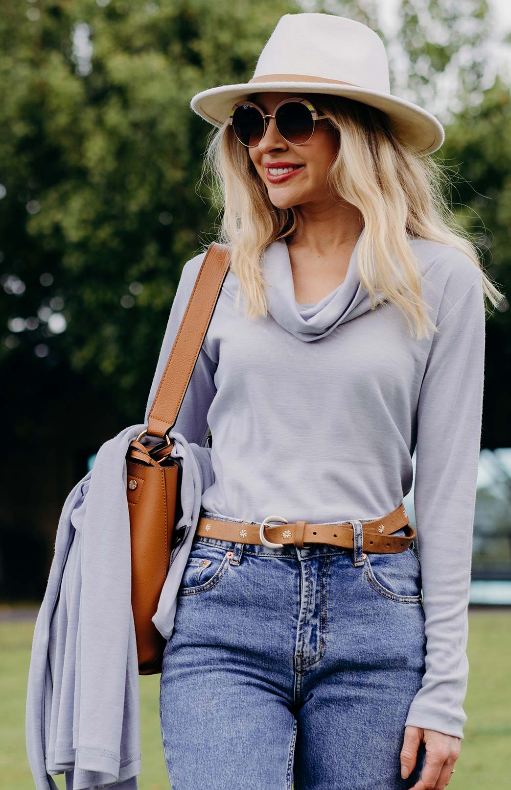 Blue Lilac Women's Merino Wool Cowl Neck Top with Long Sleeves