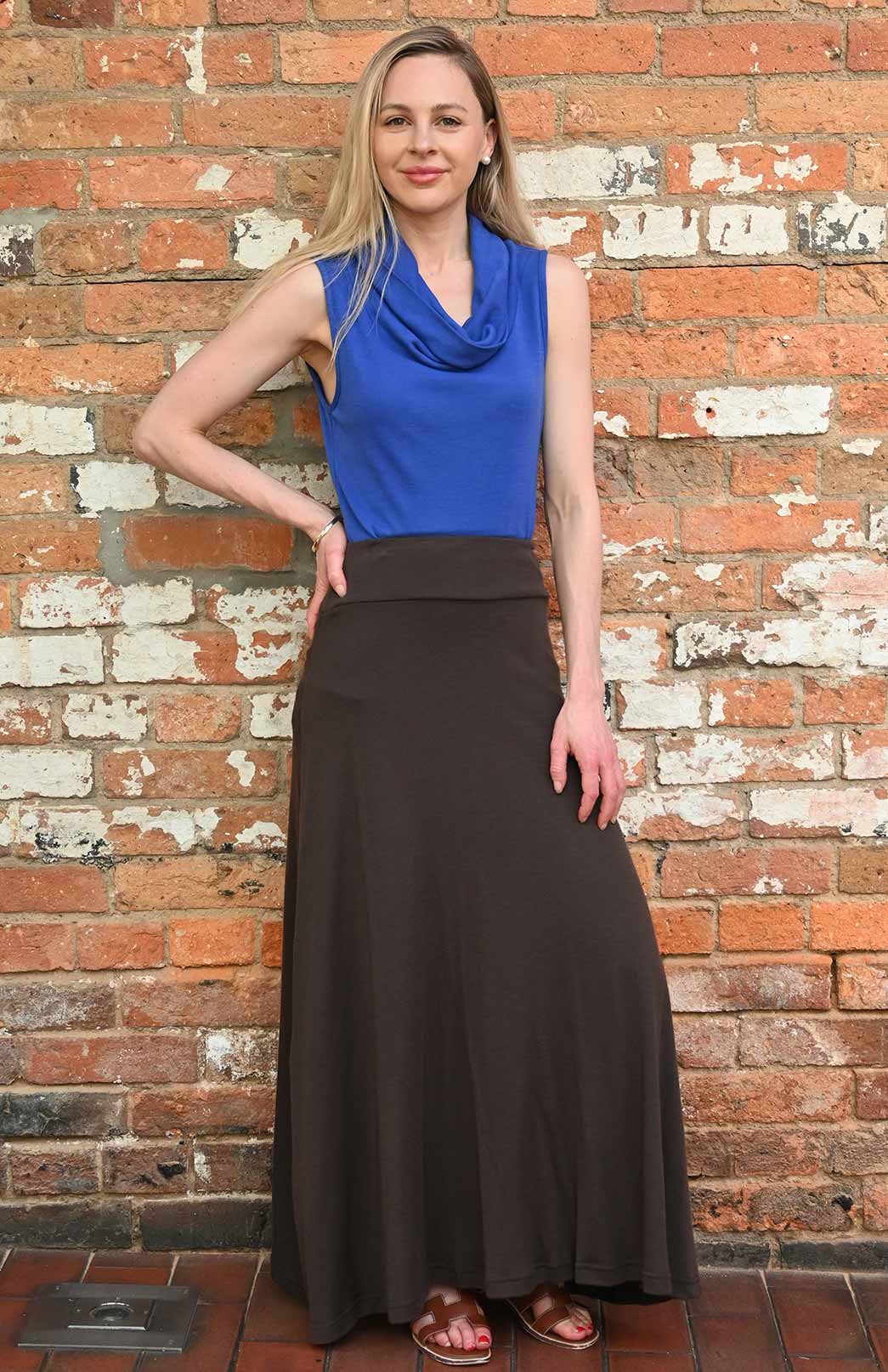 Chocolate Brown Women's Merino Wool Midweight A-Line Midi Skirt