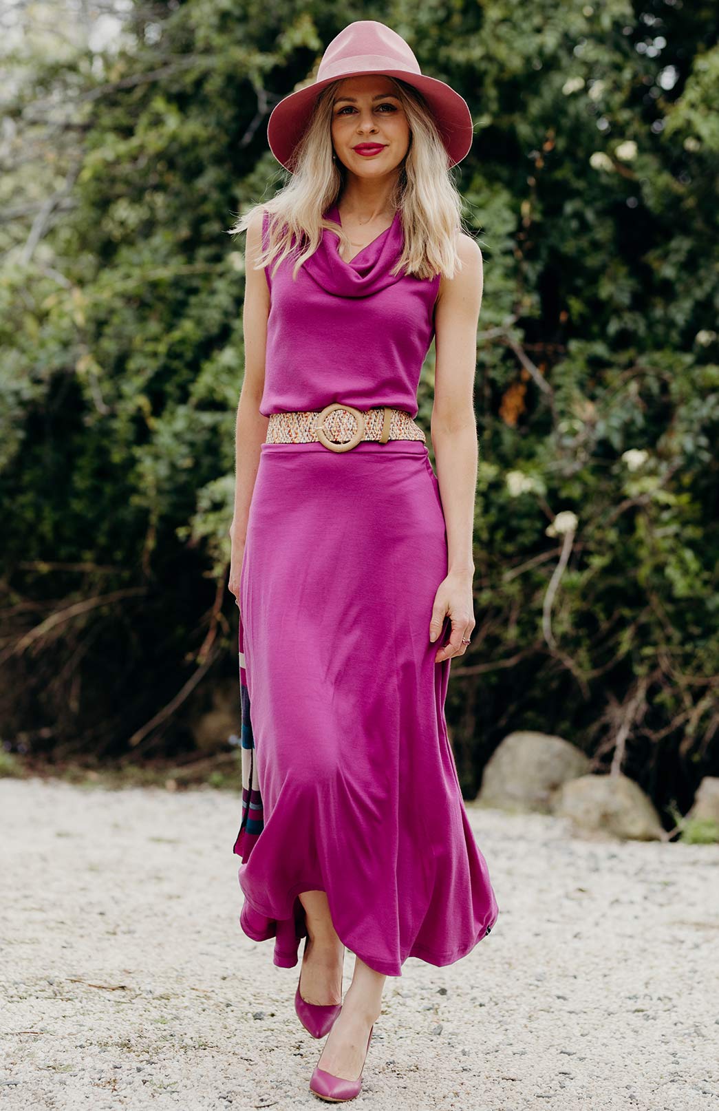 Fuchsia Pink Women's Merino Wool Sleeveless Top with Cowl Neckline