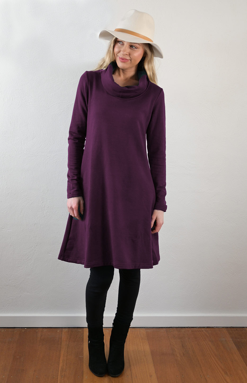 Aubergine Purple Women's Merino Wool Cowl Neck Fleece Swing Dress with Pockets