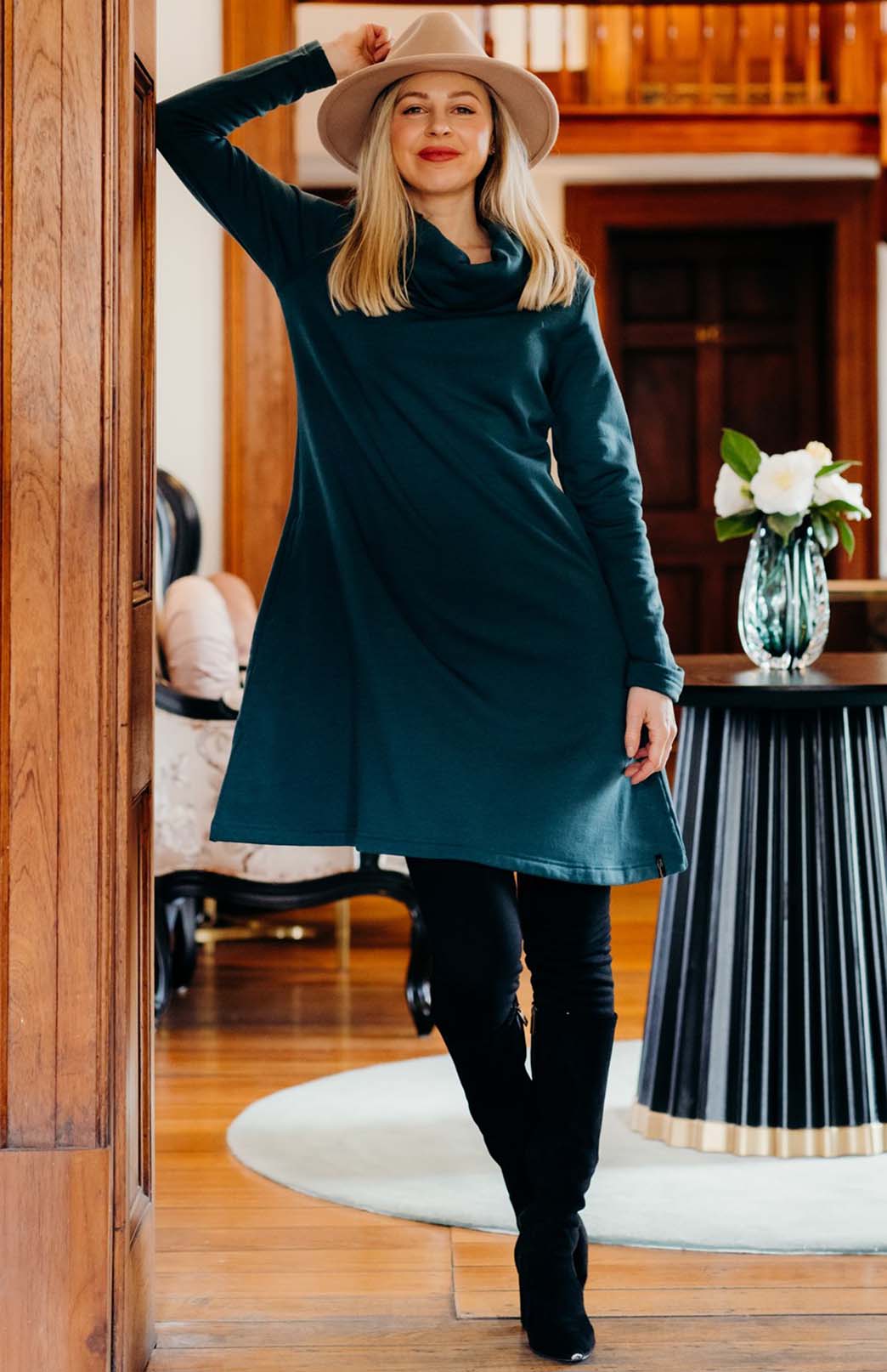 Deep Sea Green Women's Merino Wool Cowl Neck Fleece Swing Dress with Pockets