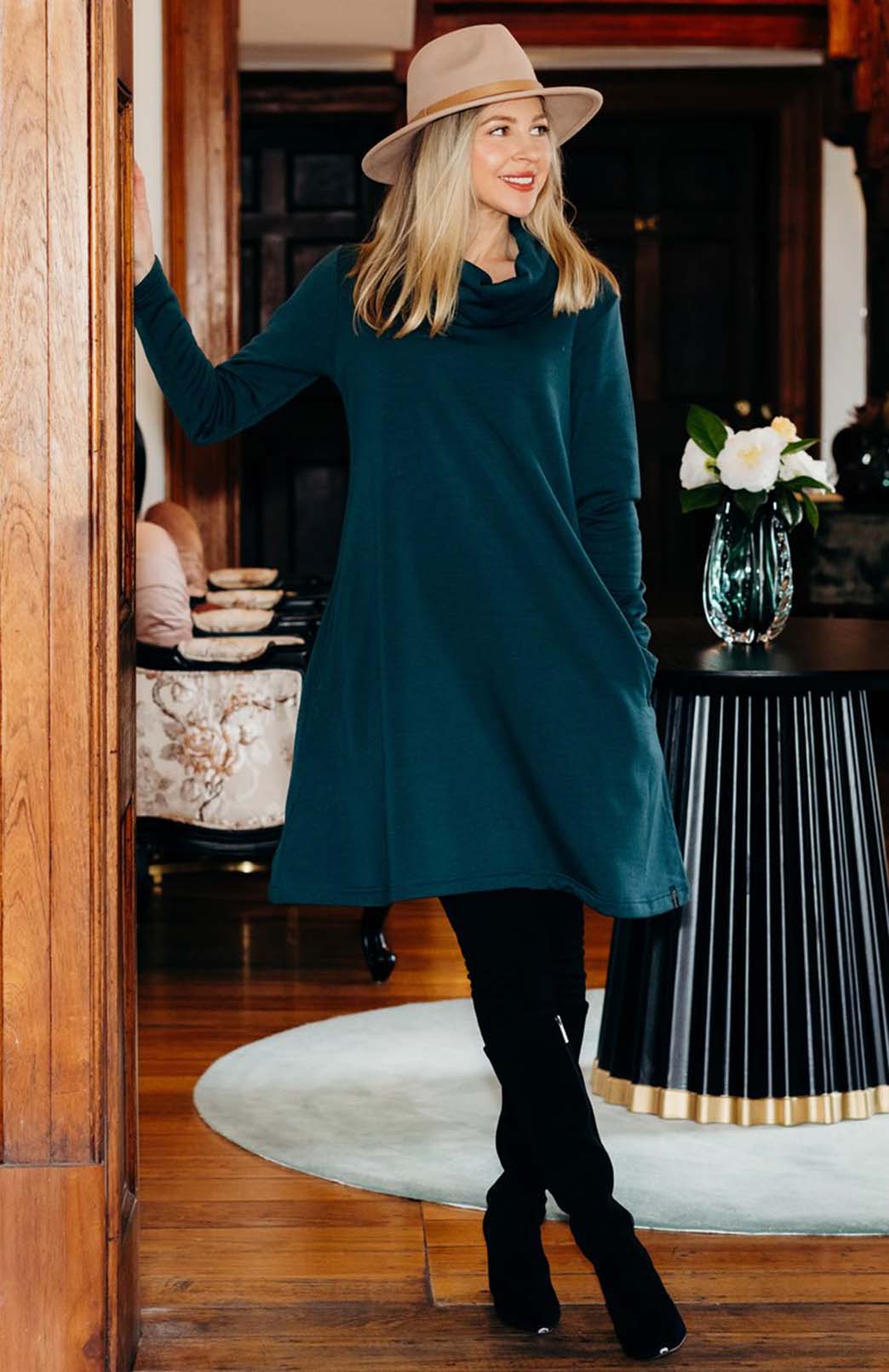 Deep Sea Green Women's Merino Wool Cowl Neck Fleece Swing Dress with Pockets
