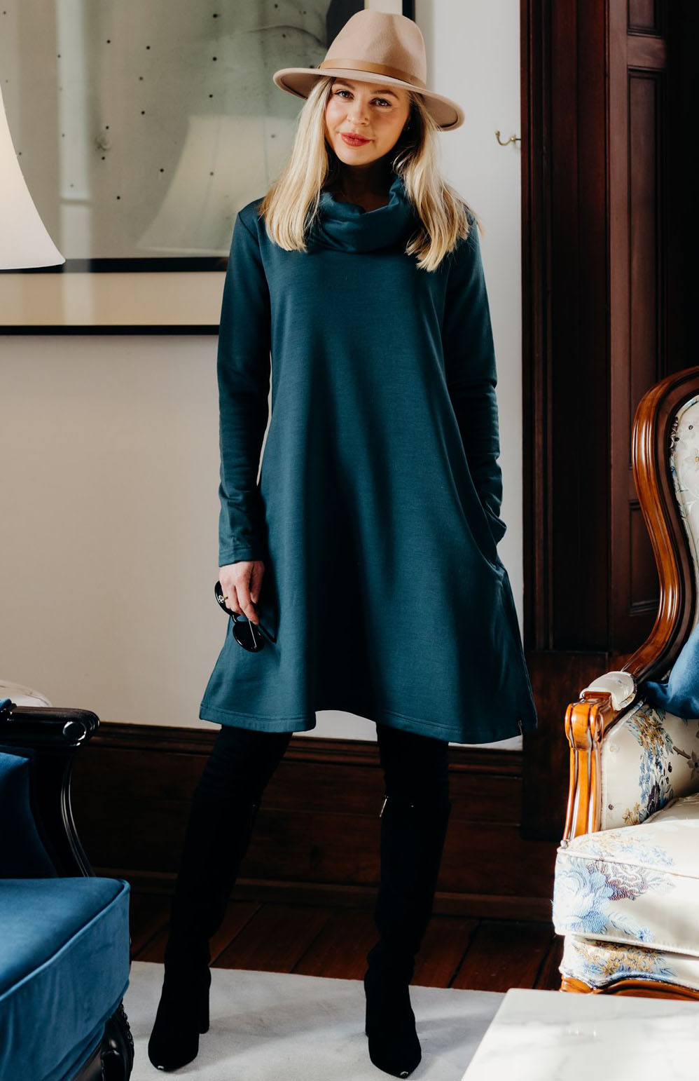 Deep Sea Green Women's Merino Wool Cowl Neck Fleece Swing Dress with Pockets