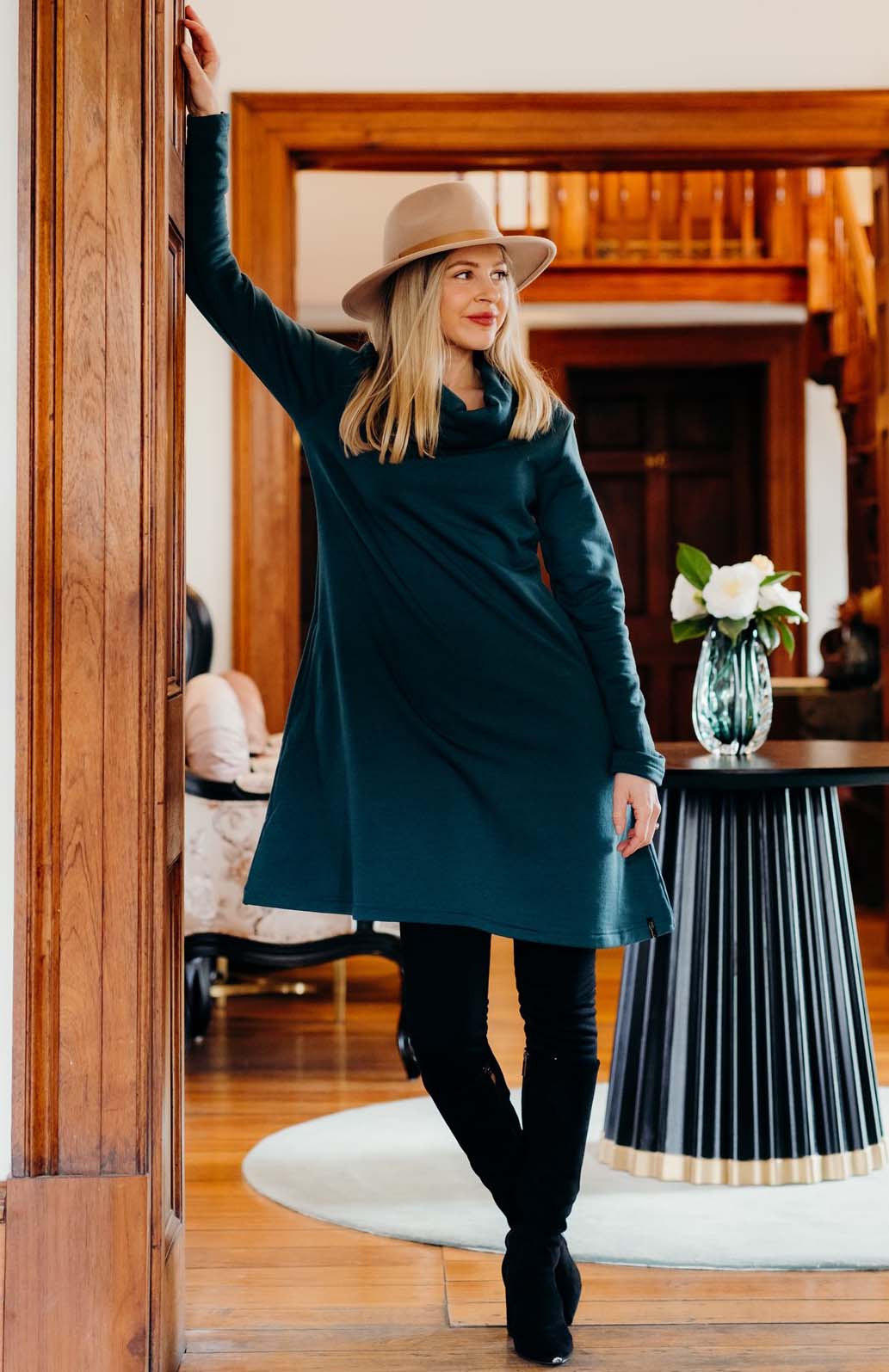 Deep Sea Green Women's Merino Wool Cowl Neck Fleece Swing Dress with Pockets