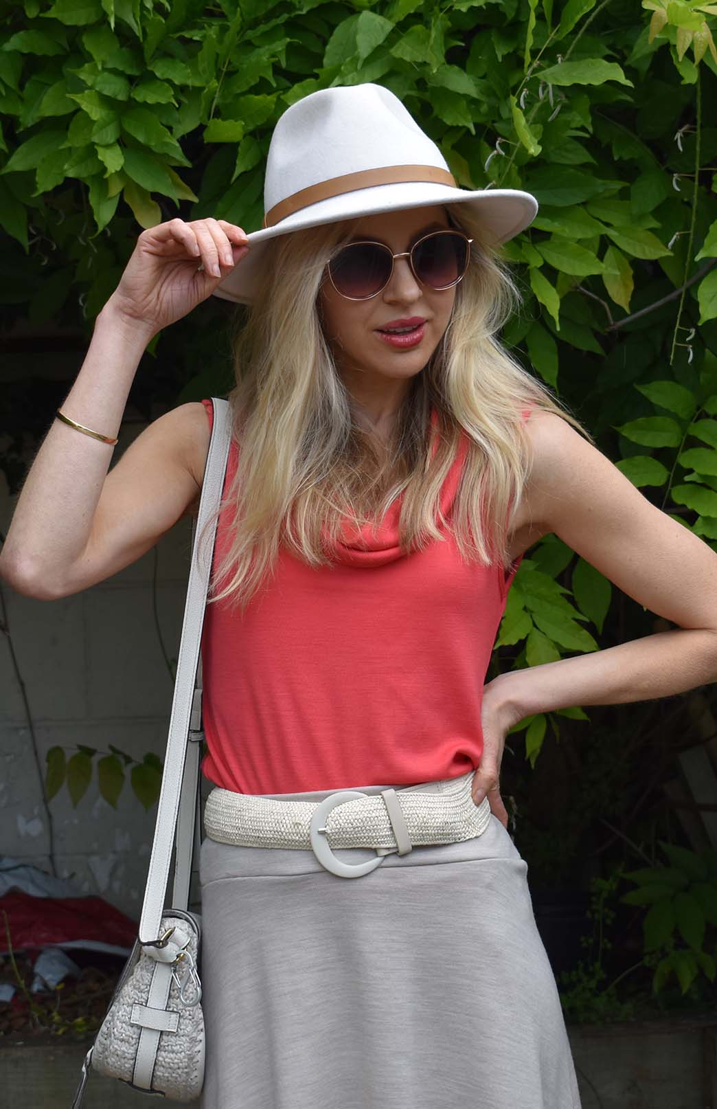 Begonia Pink Coral Women's Merino Wool Sleeveless Top with Cowl Neckline