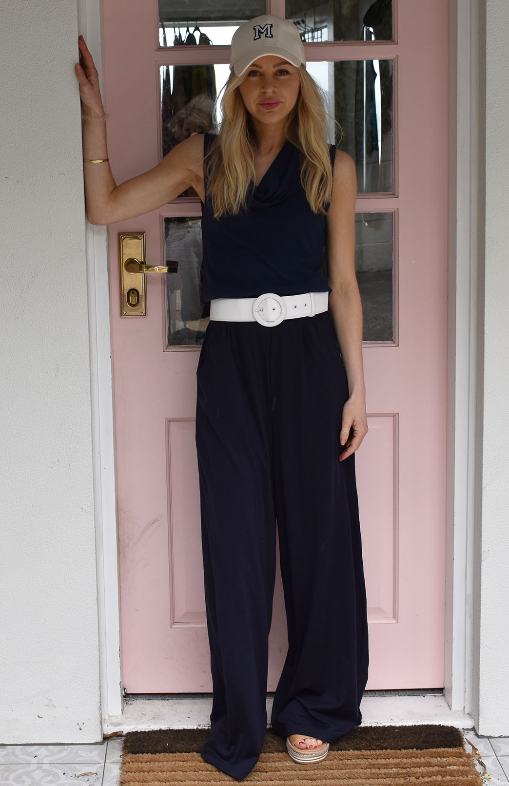 French Navy Blue Women's Merino Wool Wide Leg Pants with Pockets
