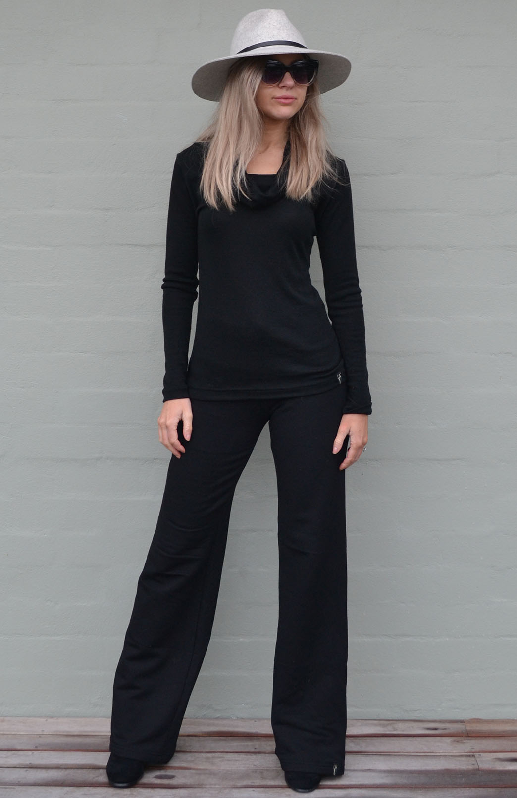 Black Women's Merino Wool Long Sleeve Cowl Neck Top