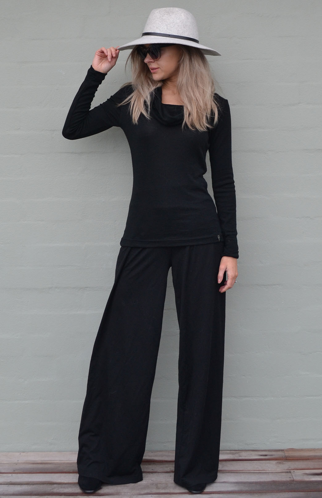 Black Women's Merino Wool Long Sleeve Cowl Neck Top