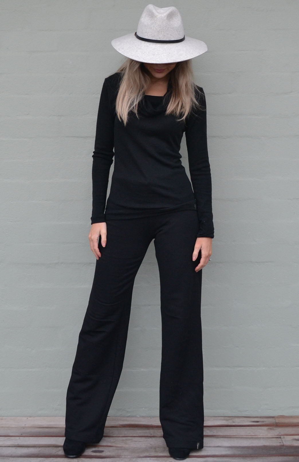 Black Women's Merino Wool Long Sleeve Cowl Neck Top