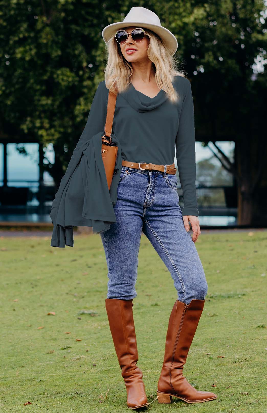 Deep Sea Green Women's Merino Wool Cowl Neck Top with Long Sleeves