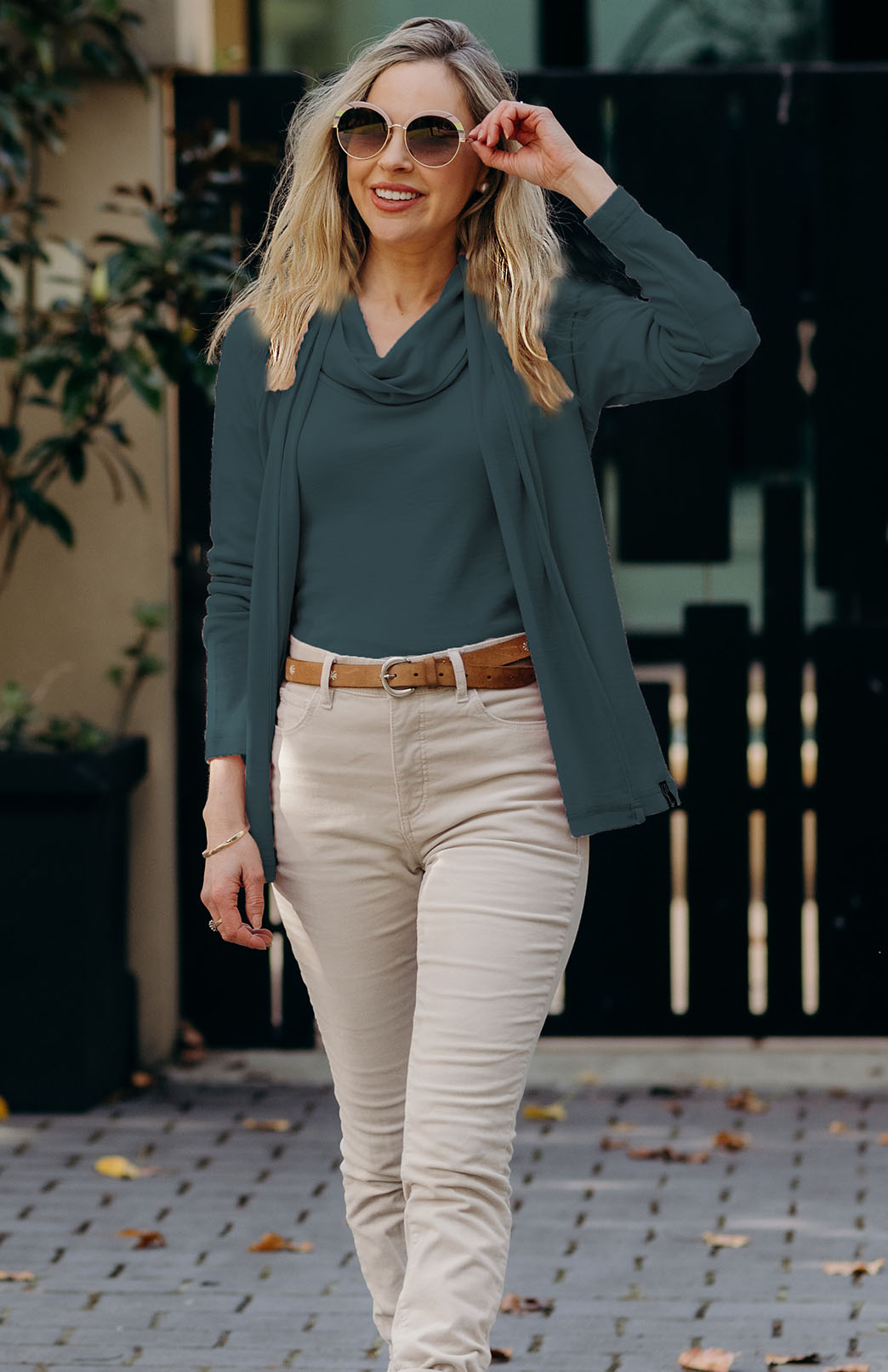 Deep Sea Green Women's Merino Wool Cowl Neck Top with Long Sleeves