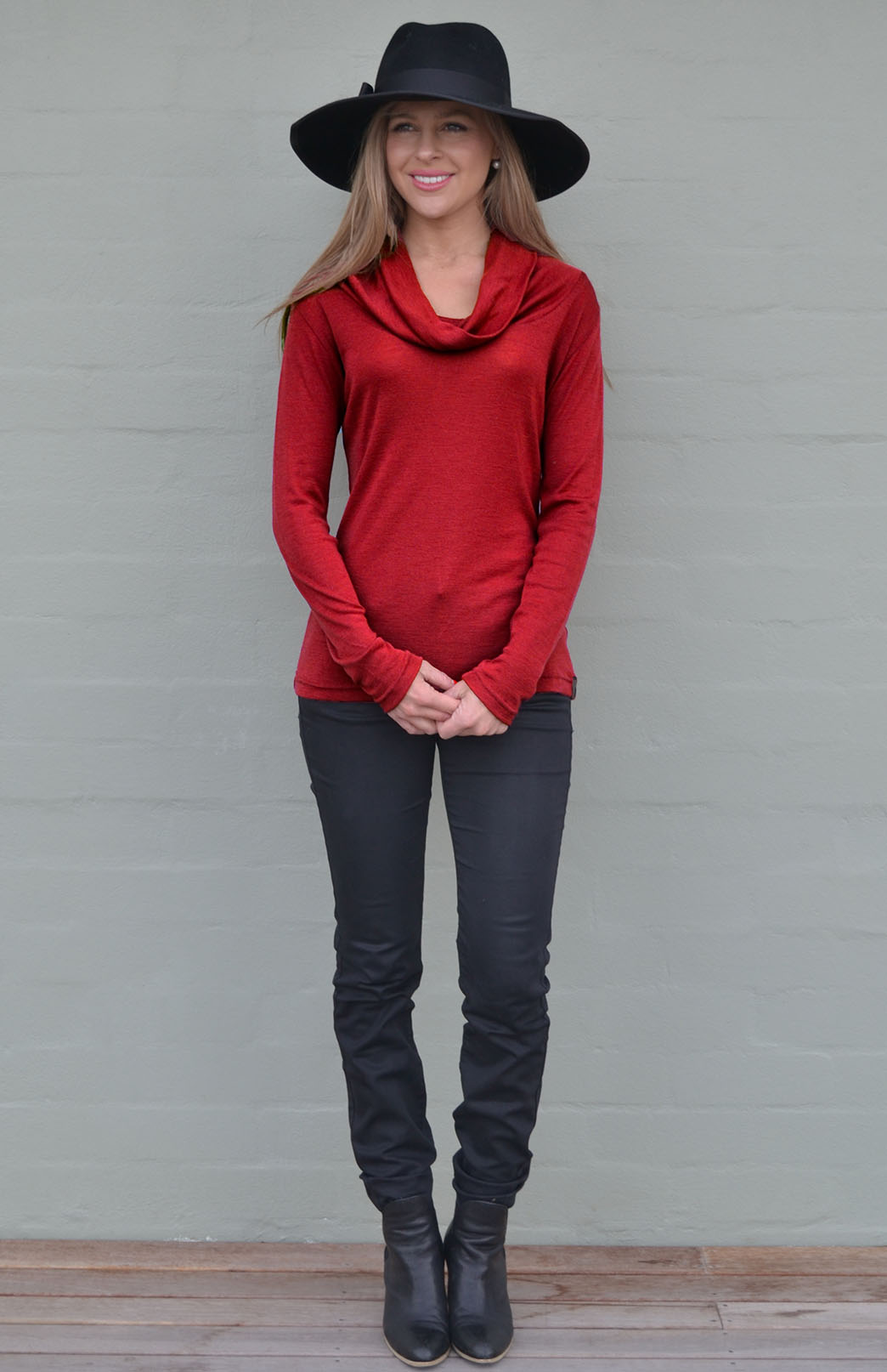 Chilli Red Women's Merino Wool Cowl Neck Top with Long Sleeves