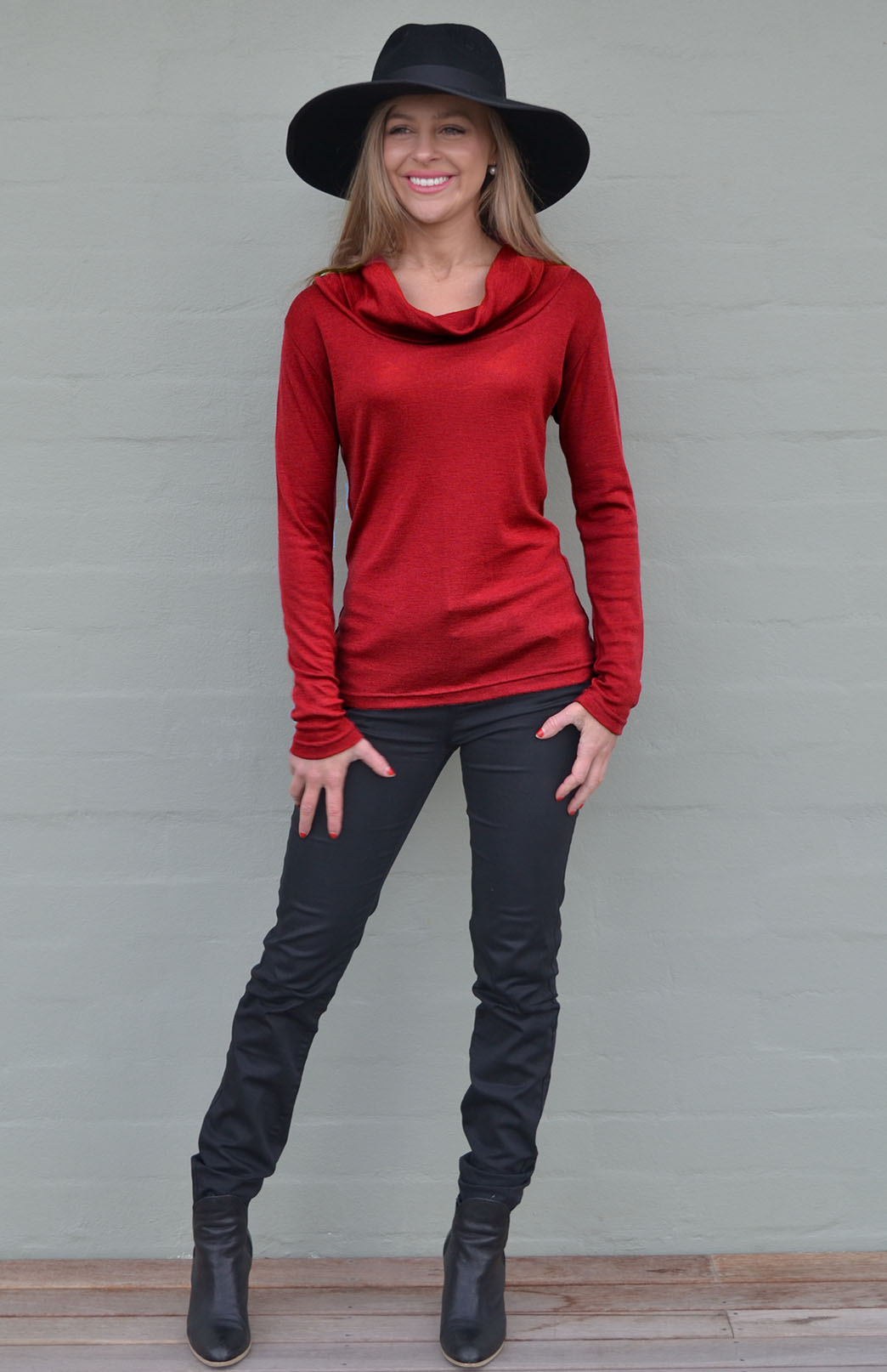 Chilli Red Women's Merino Wool Cowl Neck Top with Long Sleeves
