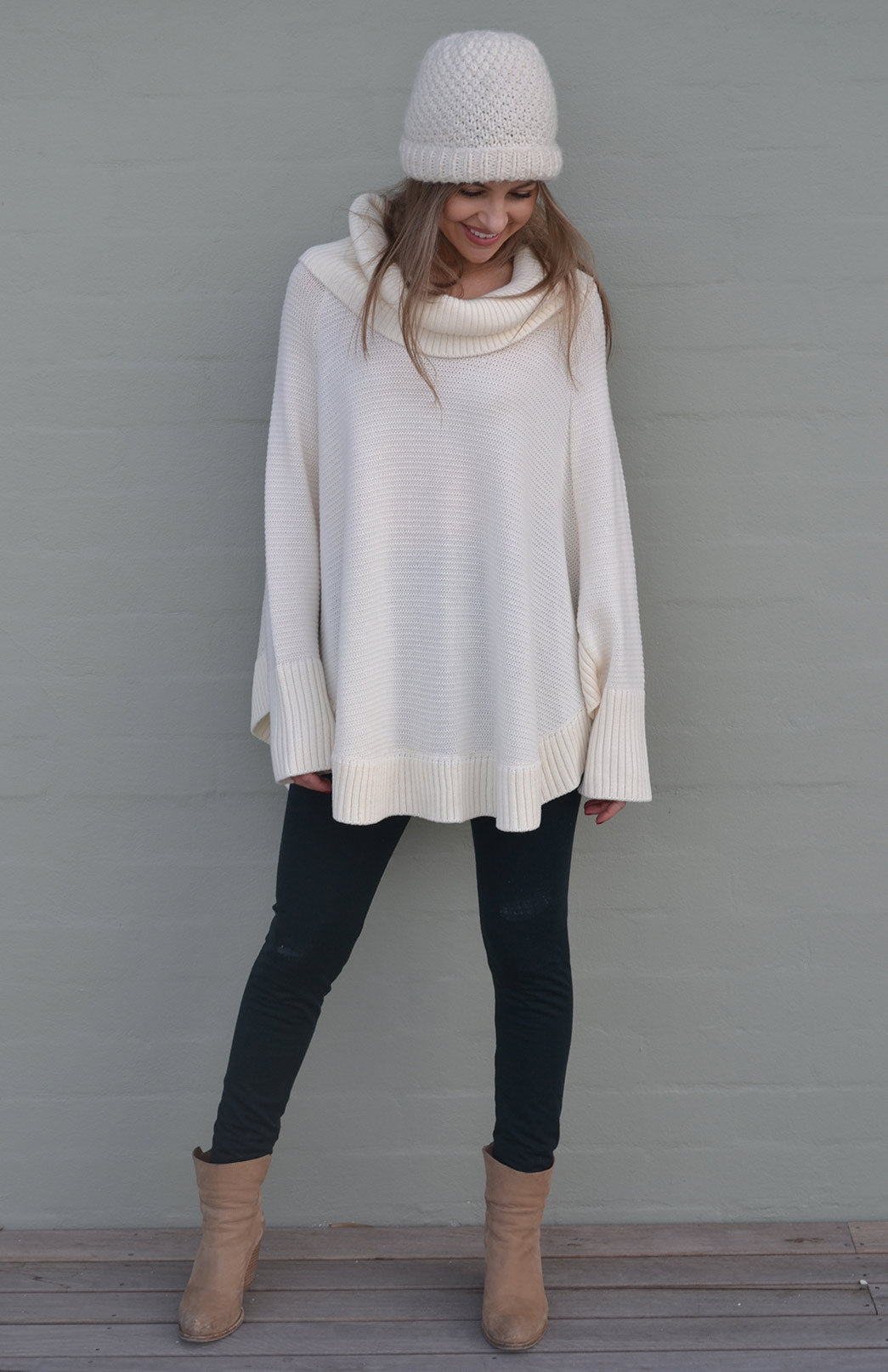 Ivory Women's Merino Wool Chunky Knit Poncho with Sleeves