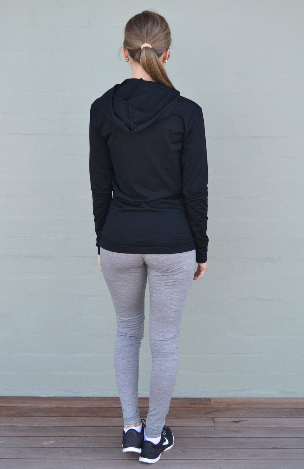 Black Women's Merino Wool Long Sleeve Crew Neck Top with Hood and D Pocket